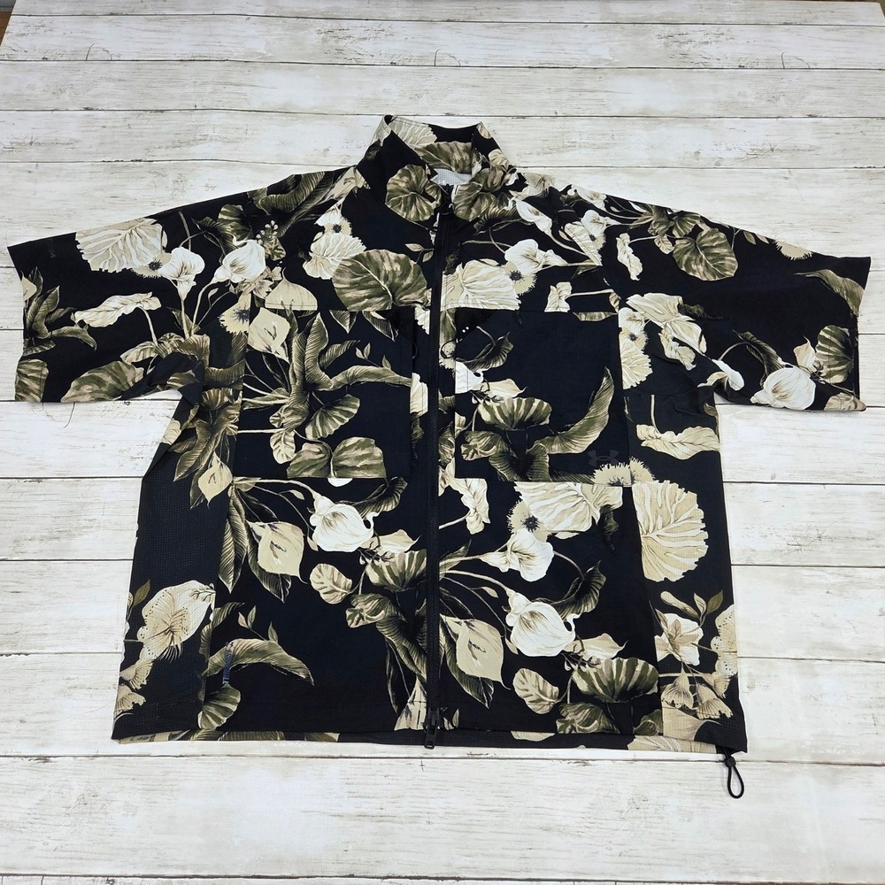 Sz L Under Armour UA Unstoppable FZ SS Full Zip Blk Floral Print Loose Fit UPF50